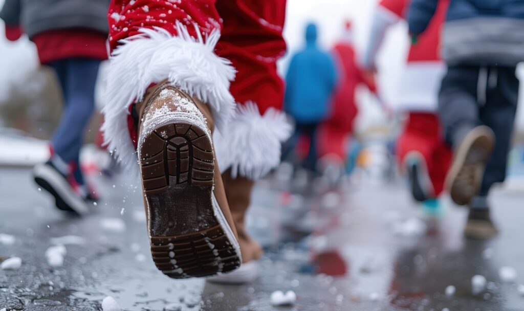 Festive Santa run with participants dressed in holiday costumes on snowy street